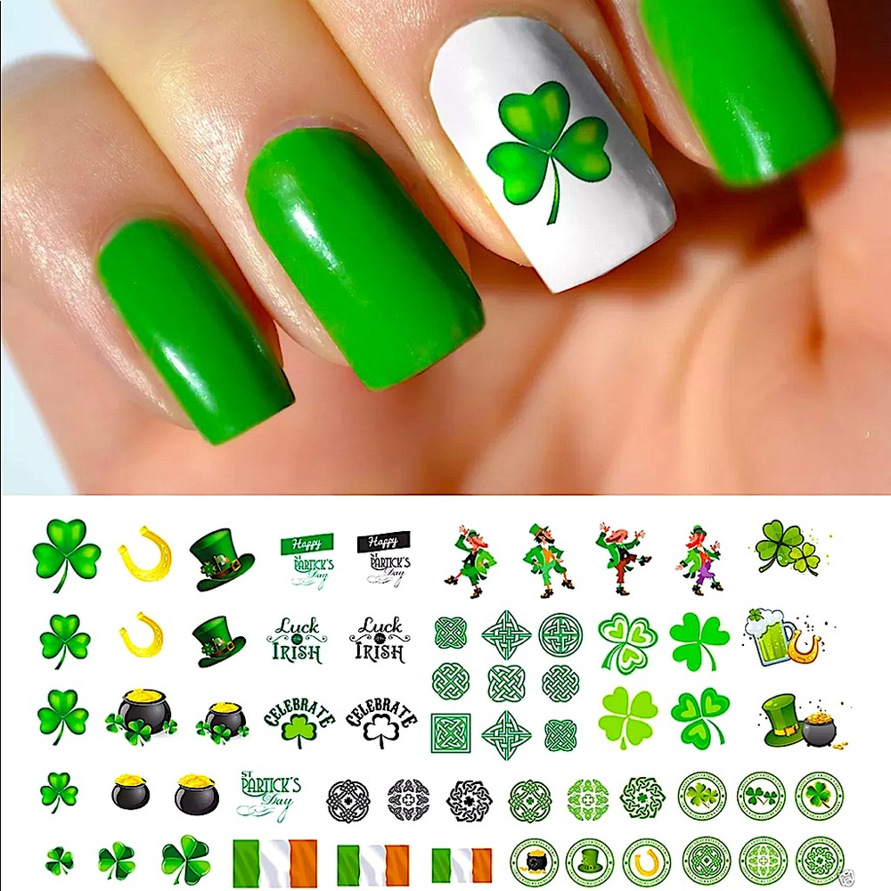 🍀 💌BO/GO$6 🍀 St. Patrick’s Day Clovers Transfer Nail Decals Leprechaun - Picture 1 of 4